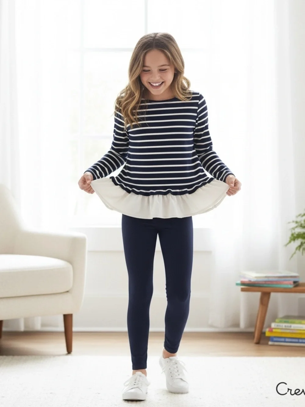 CREWCUTS J Crew 14 L Girls Navy Blue White Striped Top White Ruffle Bottom R $69